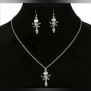 Fashion Punk Skeleton Skull Hook Earrings Necklace Women Halloween Jewelry Set